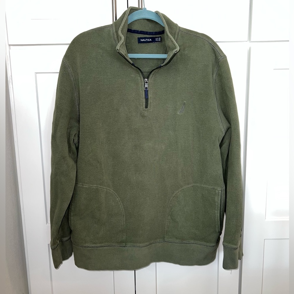 Mens Nautica 1/4 zip pullover; olive green, used condition; 3 XL